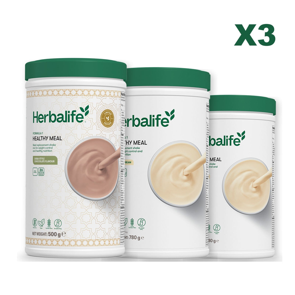 Formula 1 Dubai Style Chocolate meal shake tub shown with two further Formula 1 tubs, Vanilla (Large 780g) / Vanilla (Large 780g)