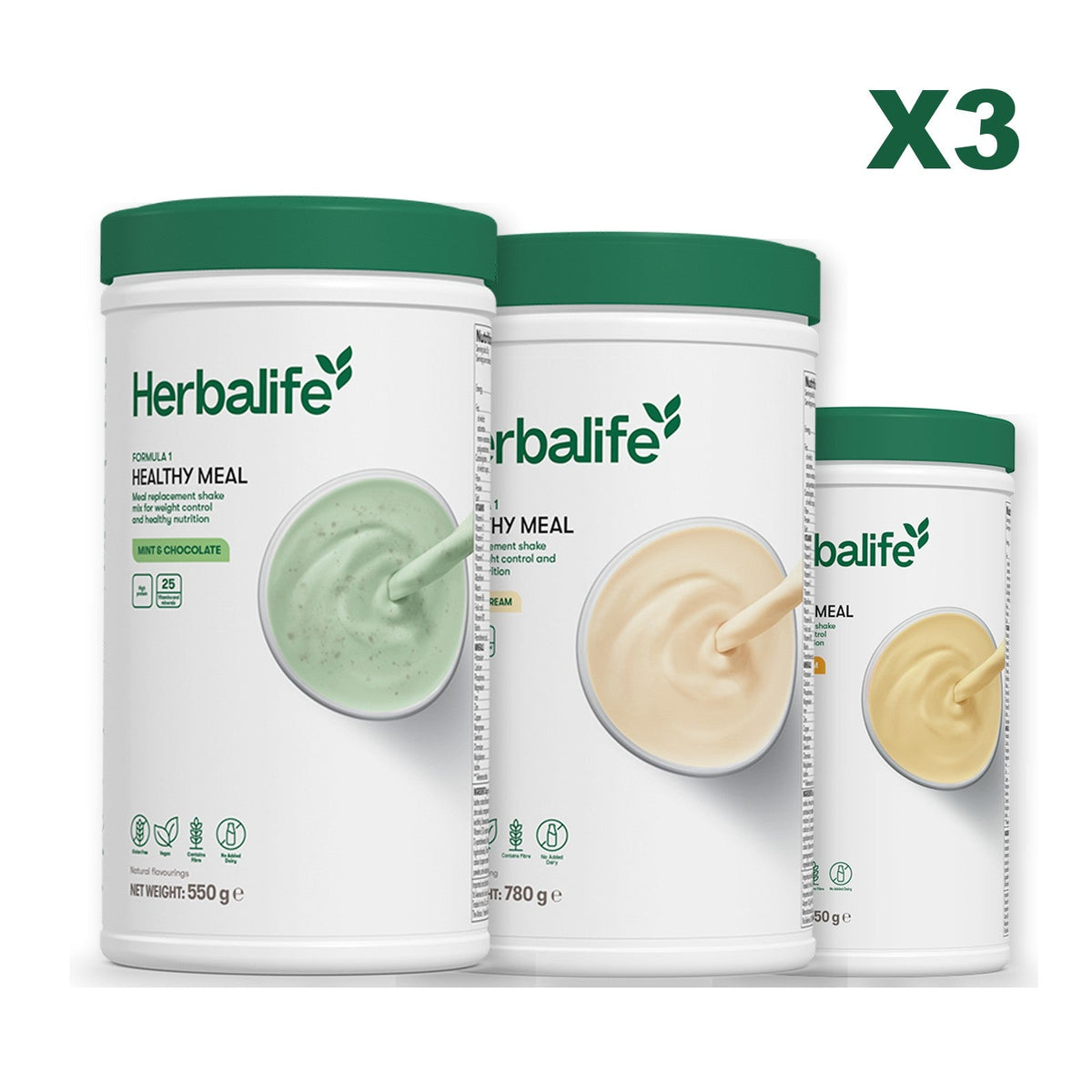 Three Formula 1 shake tubs led by Mint Chocolate, plus two flavours you choose, Vanilla (Large 780g) / Banana Cream