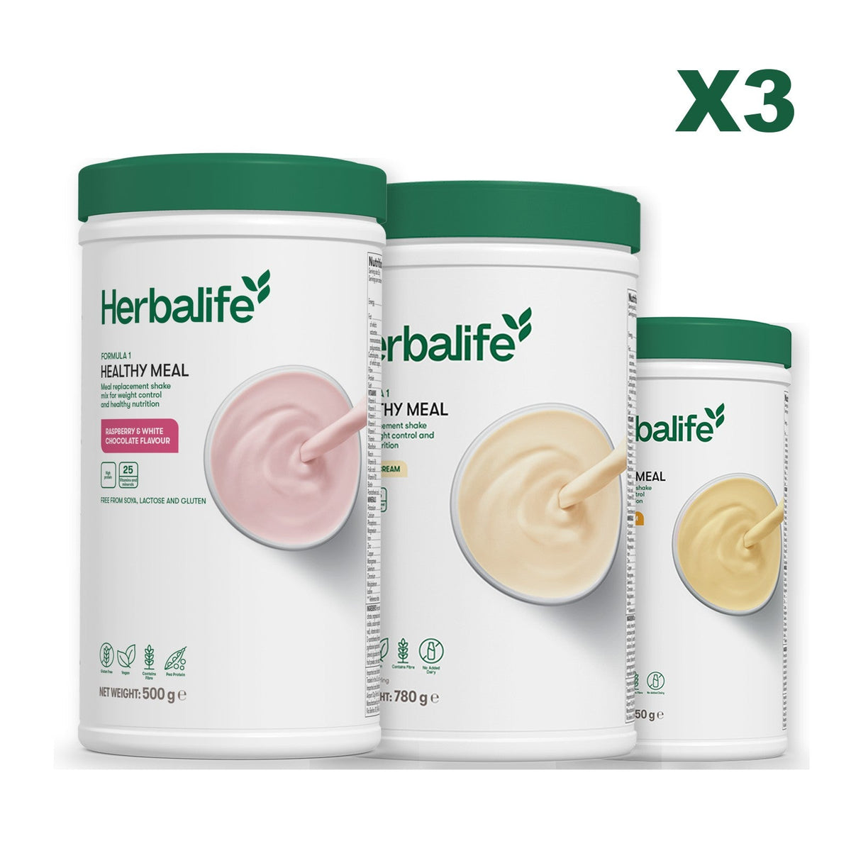 Three Formula 1 shake tubs led by Free From Raspberry and White Chocolate, plus two flavours you choose, Vanilla (Large 780g) / Banana Cream