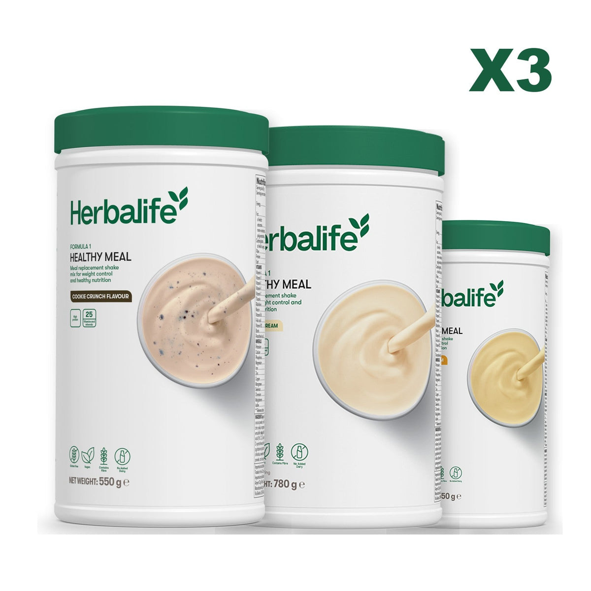Three Formula 1 shake tubs led by Cookie Crunch, plus two flavours you choose, Vanilla (Large 780g) / Banana Cream