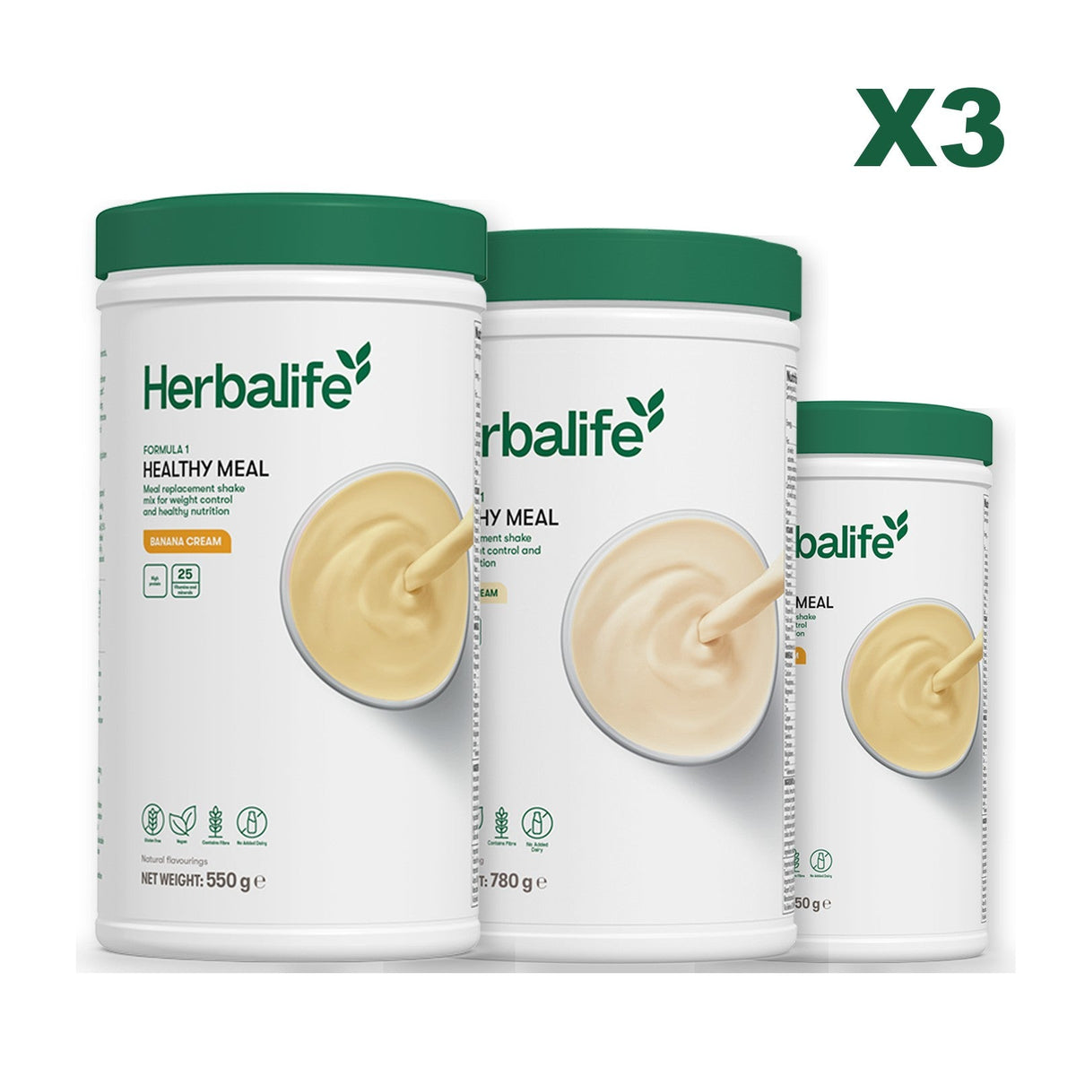 Three Formula 1 shake tubs led by Banana Cream, plus two flavours you choose, Vanilla (Large 780g) / Banana Cream