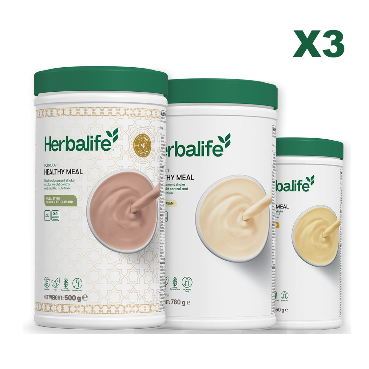 Formula 1 Dubai Style Chocolate meal shake tub shown with two further Formula 1 tubs, Vanilla (Large 780g) / Banana Cream