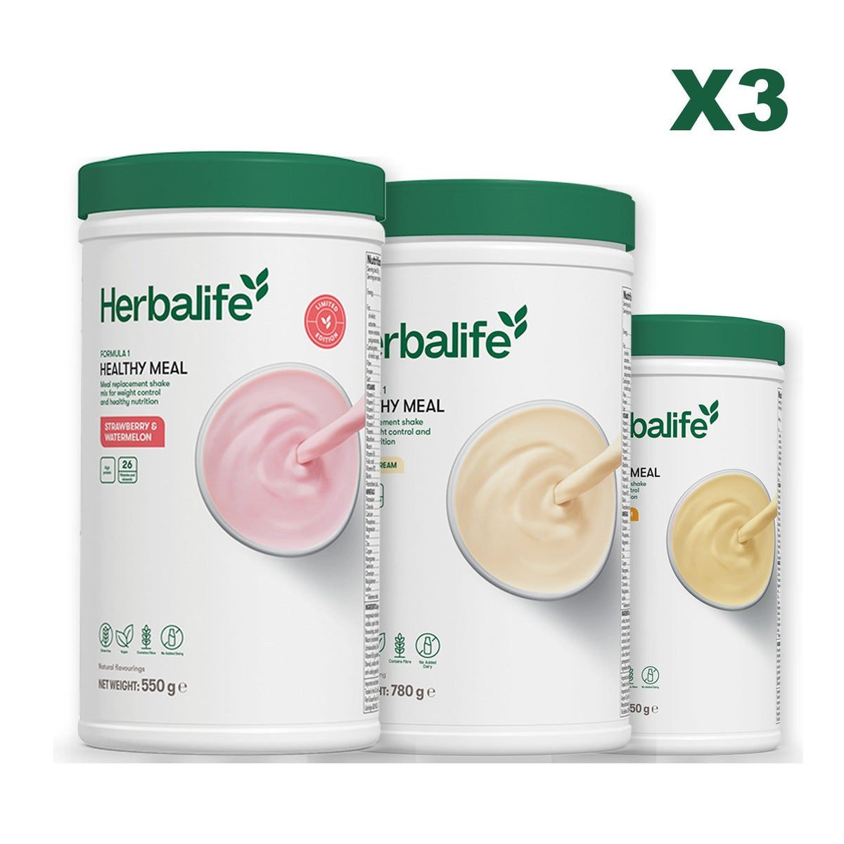 Formula 1 Strawberry Watermelon meal shake tub shown with two further Formula 1 tubs, Vanilla (Large 780g) / Banana Cream