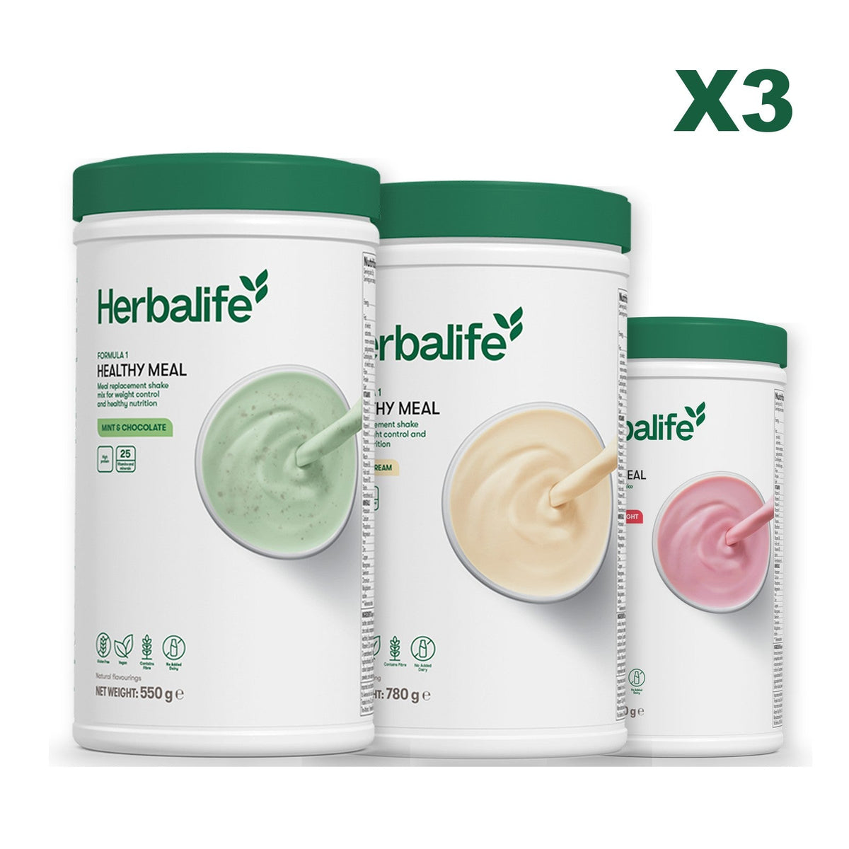 Three Formula 1 shake tubs led by Mint Chocolate, plus two flavours you choose, Vanilla (Large 780g) / Strawberry
