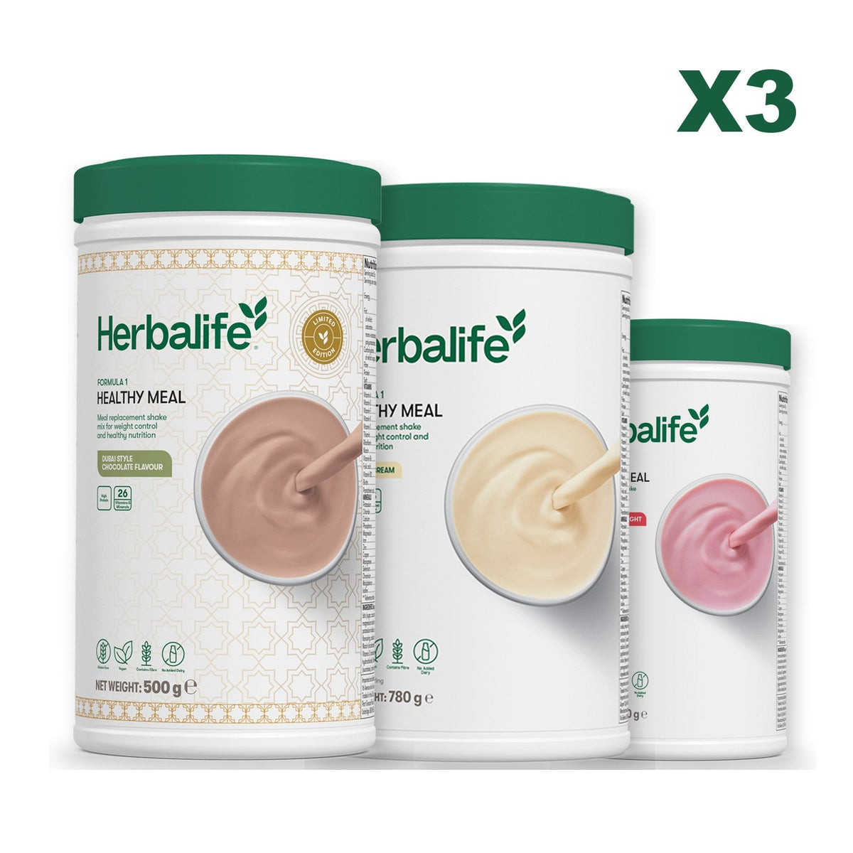 Formula 1 Dubai Style Chocolate meal shake tub shown with two further Formula 1 tubs, Vanilla (Large 780g) / Strawberry