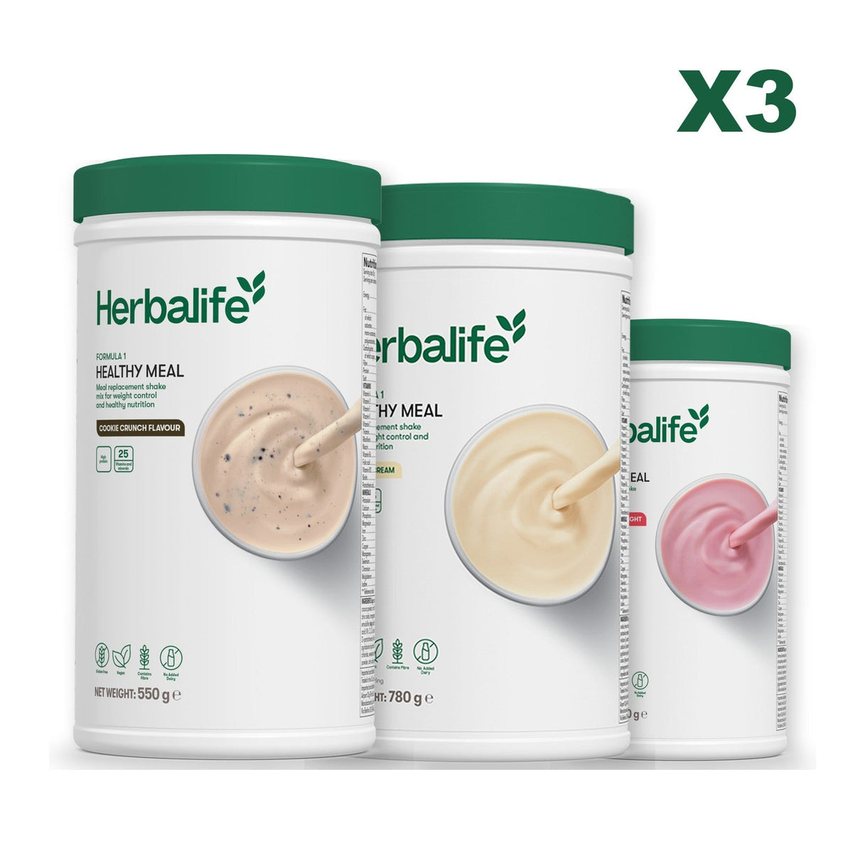 Three Formula 1 shake tubs led by Cookie Crunch, plus two flavours you choose, Vanilla (Large 780g) / Strawberry