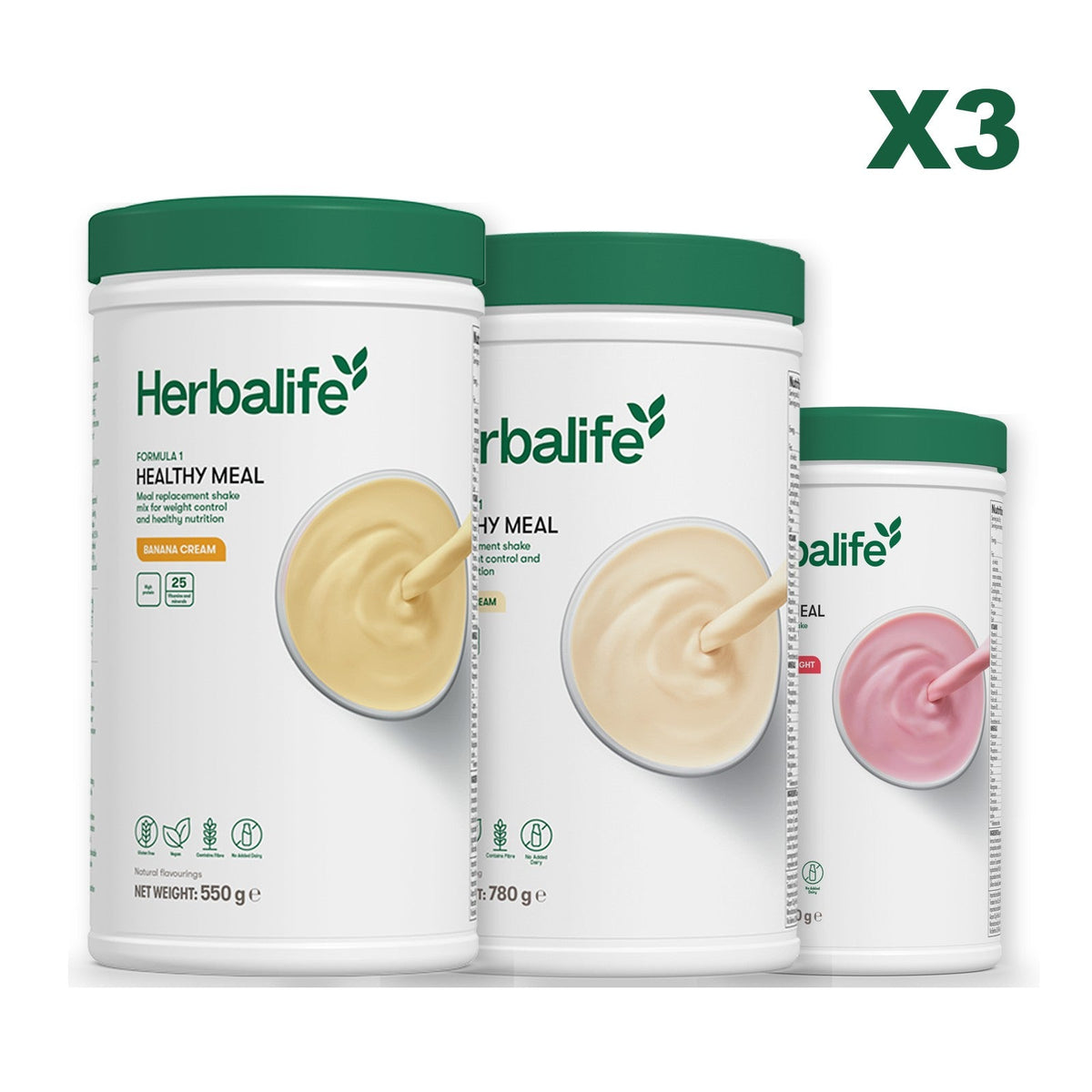 Three Formula 1 shake tubs led by Banana Cream, plus two flavours you choose, Vanilla (Large 780g) / Strawberry