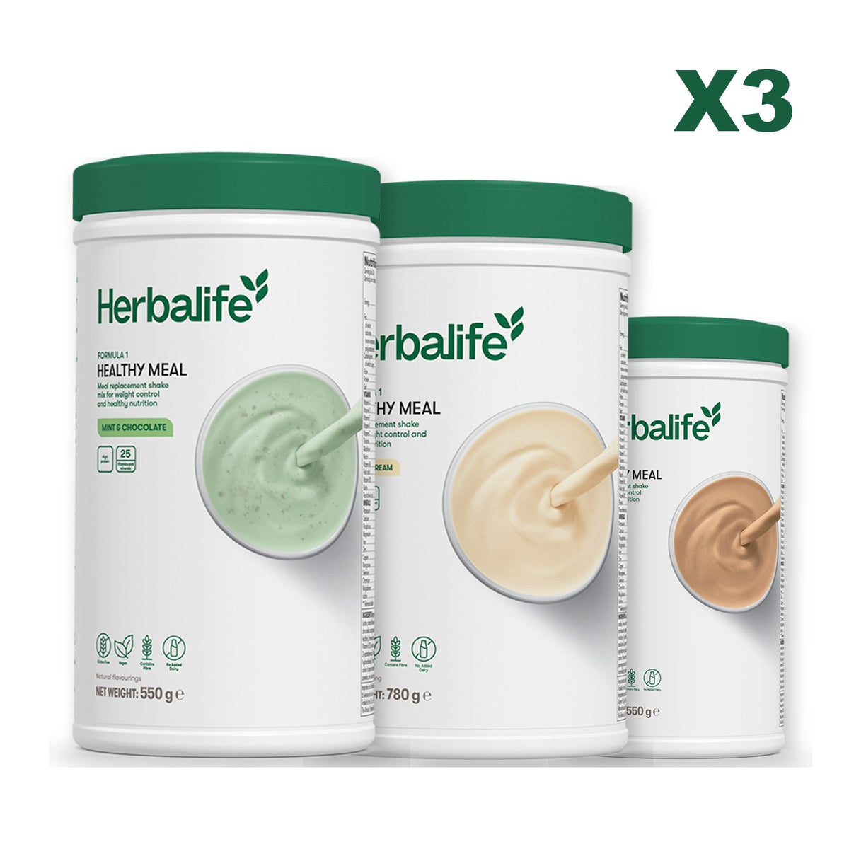 Three Formula 1 shake tubs led by Mint Chocolate, plus two flavours you choose, Vanilla (Large 780g) / Cafe Latte