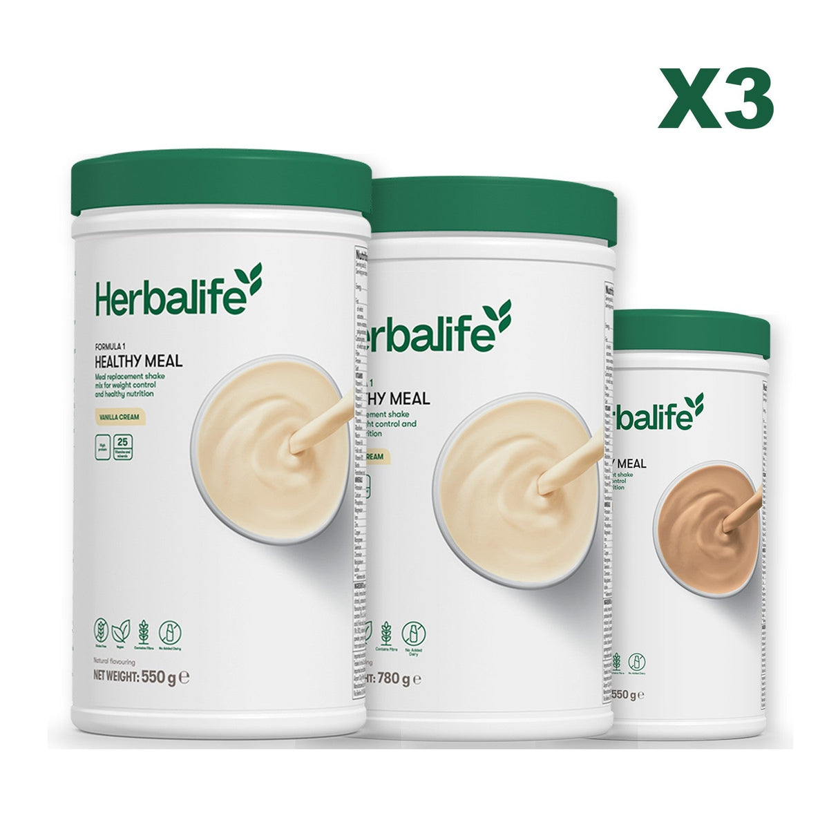 Three Formula 1 shake tubs led by Vanilla Cream, plus two flavours you choose, Vanilla (Large 780g) / Cafe Latte