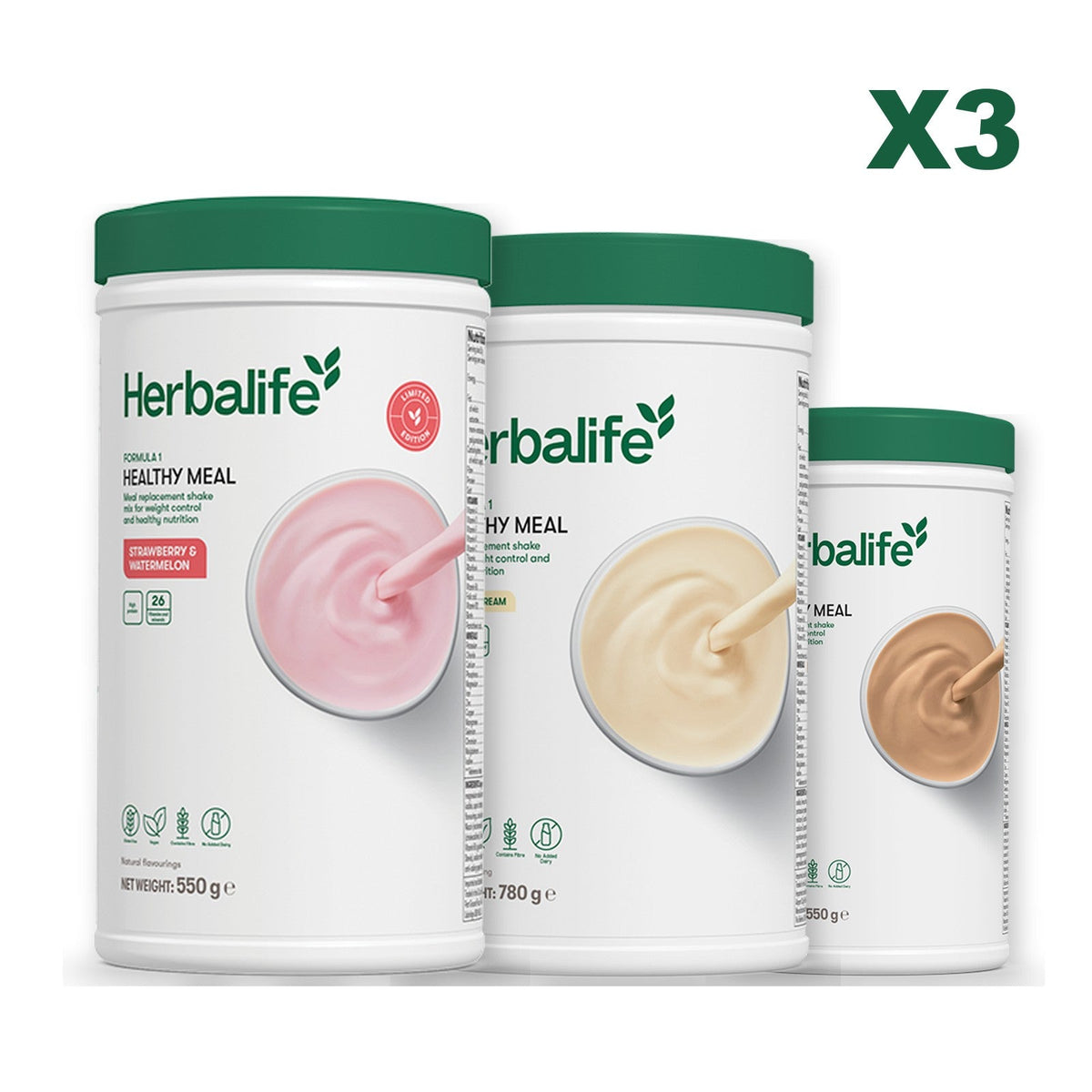 Formula 1 Strawberry Watermelon meal shake tub shown with two further Formula 1 tubs, Vanilla (Large 780g) / Cafe Latte