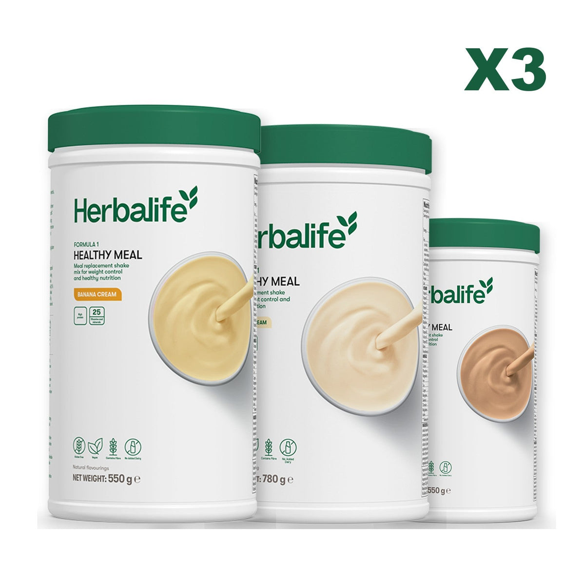 Three Formula 1 shake tubs led by Banana Cream, plus two flavours you choose, Vanilla (Large 780g) / Cafe Latte