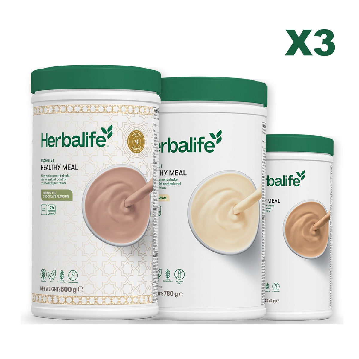 Formula 1 Dubai Style Chocolate meal shake tub shown with two further Formula 1 tubs, Vanilla (Large 780g) / Cafe Latte