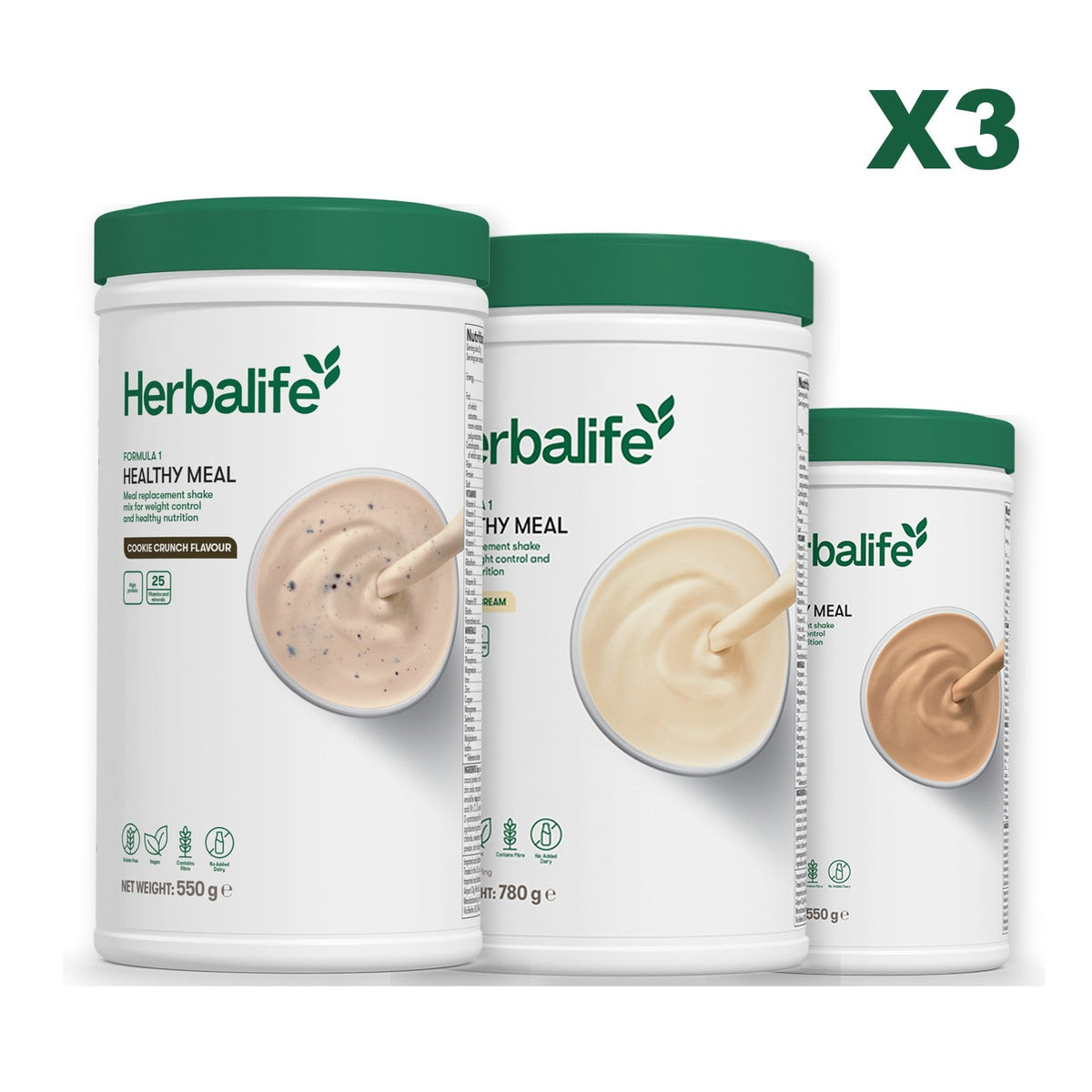 Three Formula 1 shake tubs led by Cookie Crunch, plus two flavours you choose, Vanilla (Large 780g) / Cafe Latte