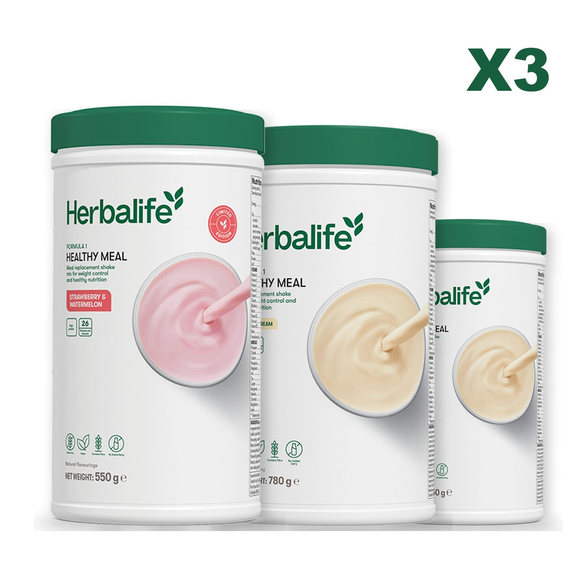Formula 1 Strawberry Watermelon meal shake tub shown with two further Formula 1 tubs, Vanilla (Large 780g) / Vanilla