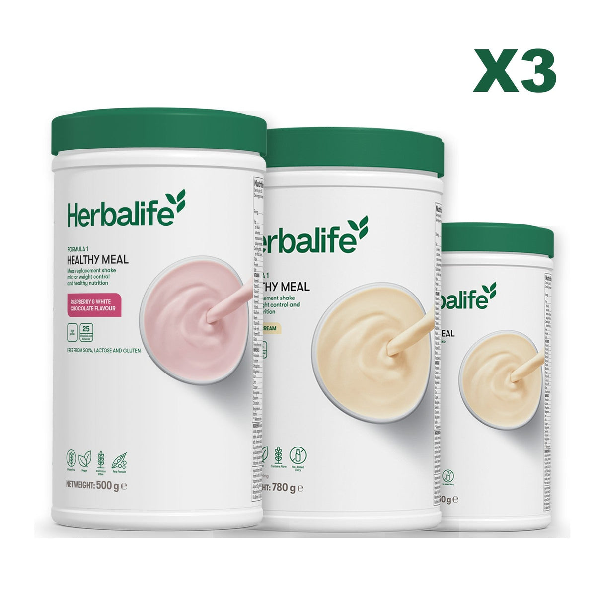 Three Formula 1 shake tubs led by Free From Raspberry and White Chocolate, plus two flavours you choose, Vanilla (Large 780g) / Vanilla