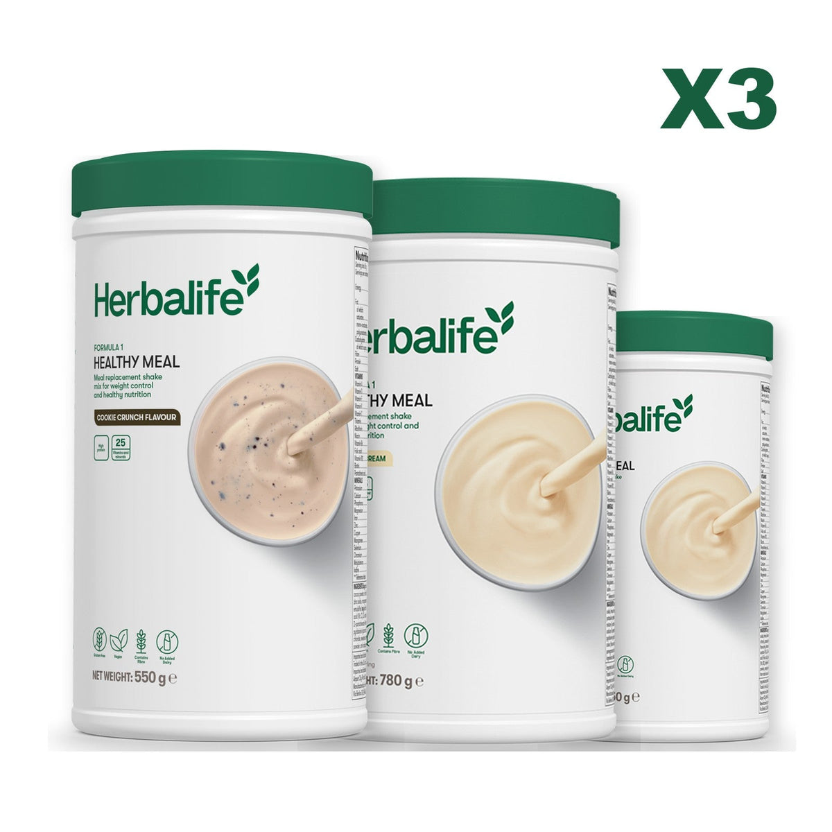 Three Formula 1 shake tubs led by Cookie Crunch, plus two flavours you choose, Vanilla (Large 780g) / Vanilla