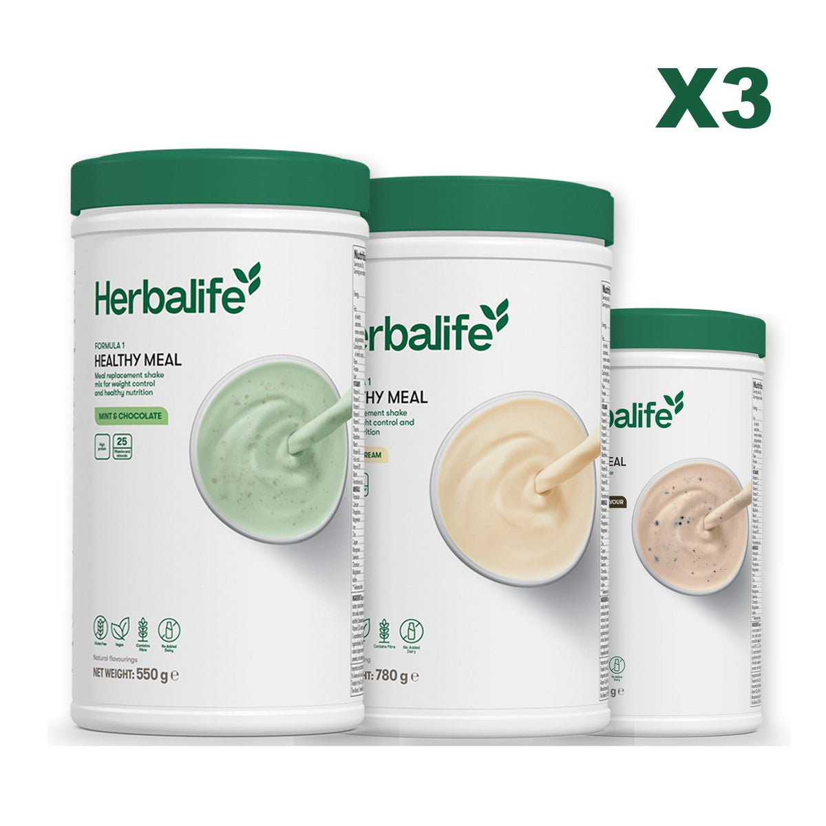 Three Formula 1 shake tubs led by Mint Chocolate, plus two flavours you choose, Vanilla (Large 780g) / Cookie Crunch