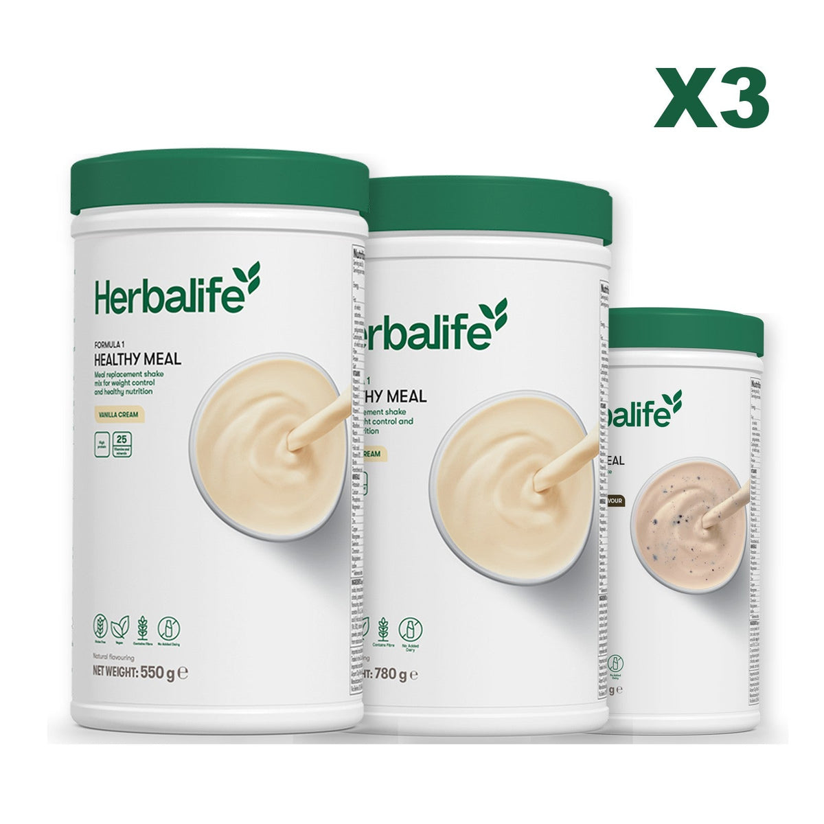 Three Formula 1 shake tubs led by Vanilla Cream, plus two flavours you choose, Vanilla (Large 780g) / Cookie Crunch