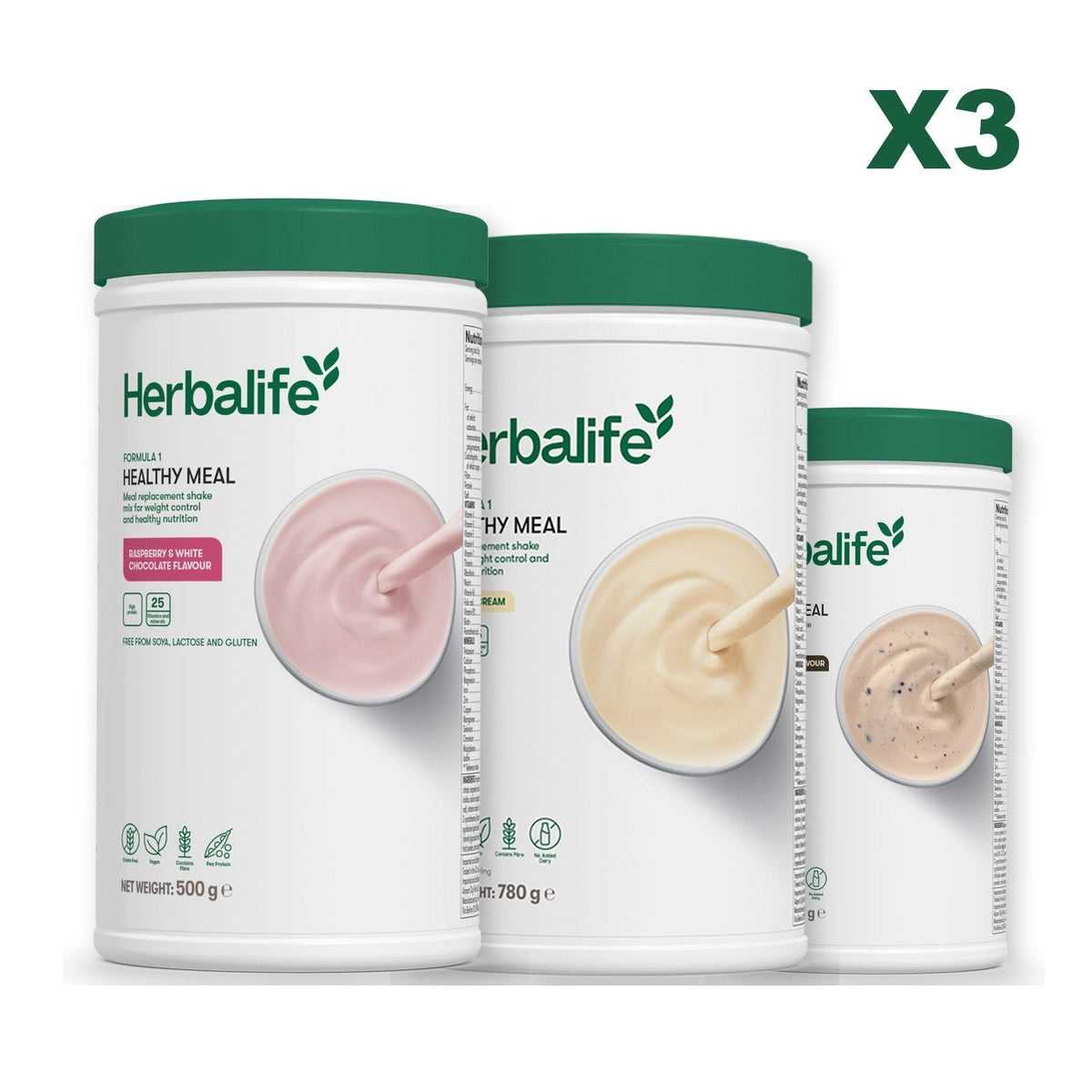Three Formula 1 shake tubs led by Free From Raspberry and White Chocolate, plus two flavours you choose, Vanilla (Large 780g) / Cookie Crunch