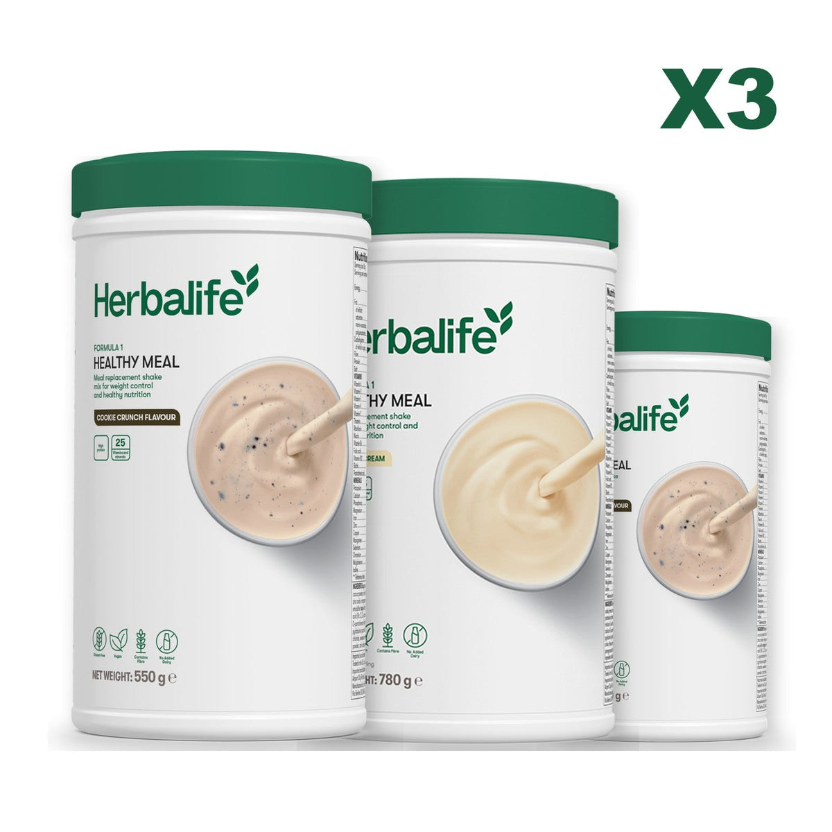 Three Formula 1 shake tubs led by Cookie Crunch, plus two flavours you choose, Vanilla (Large 780g) / Cookie Crunch
