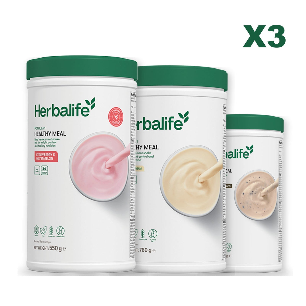 Formula 1 Strawberry Watermelon meal shake tub shown with two further Formula 1 tubs, Vanilla (Large 780g) / Cookie Crunch