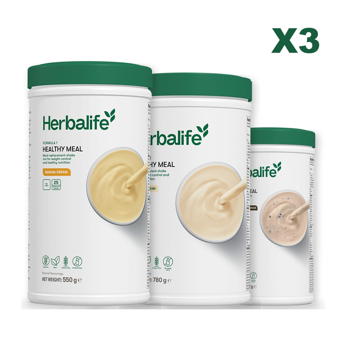Three Formula 1 shake tubs led by Banana Cream, plus two flavours you choose, Vanilla (Large 780g) / Cookie Crunch