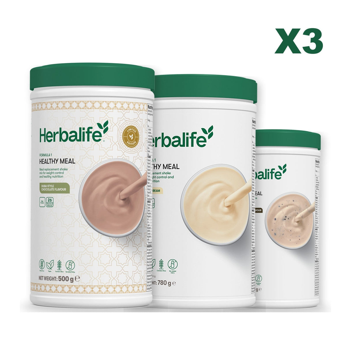 Formula 1 Dubai Style Chocolate meal shake tub shown with two further Formula 1 tubs, Vanilla (Large 780g) / Cookie Crunch