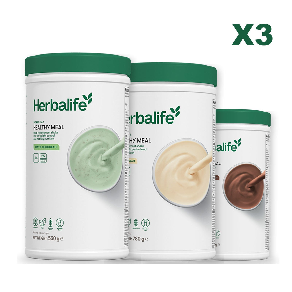 Three Formula 1 shake tubs led by Mint Chocolate, plus two flavours you choose, Vanilla (Large 780g) / Chocolate