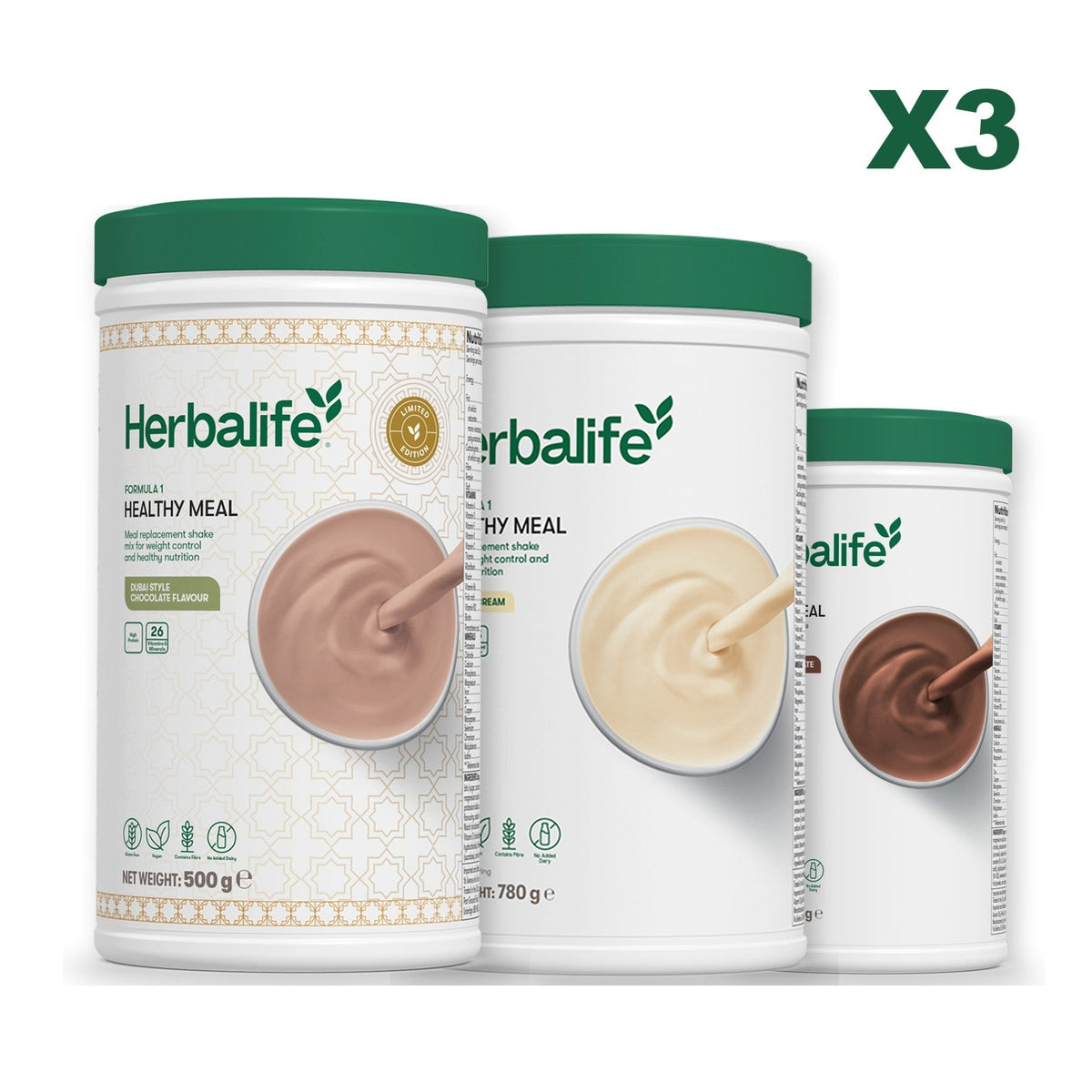 Formula 1 Dubai Style Chocolate meal shake tub shown with two further Formula 1 tubs, Vanilla (Large 780g) / Chocolate