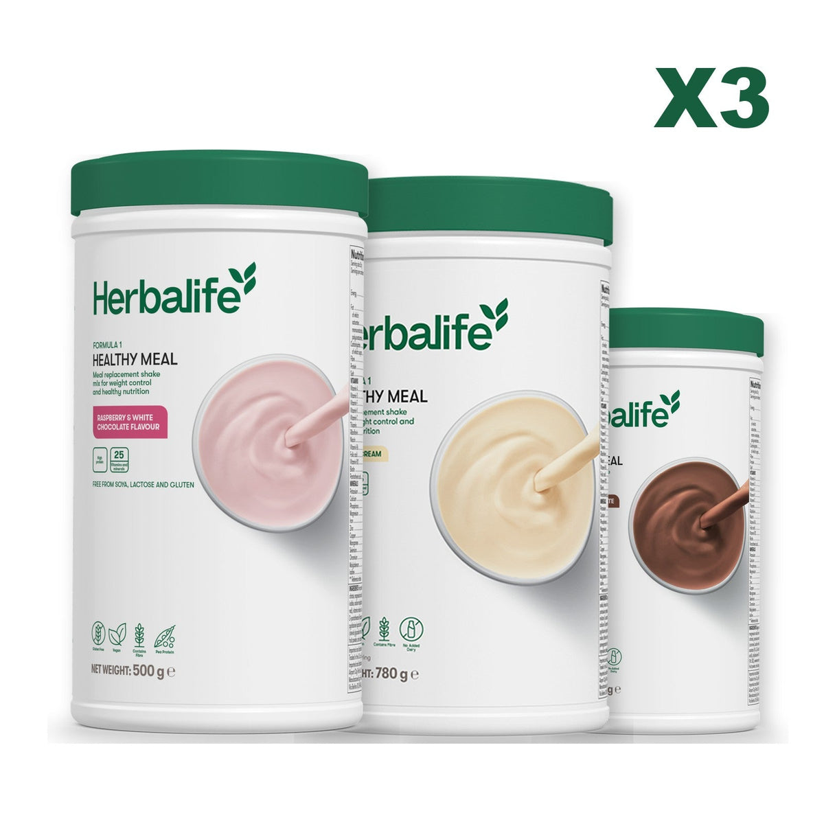 Three Formula 1 shake tubs led by Free From Raspberry and White Chocolate, plus two flavours you choose, Vanilla (Large 780g) / Chocolate