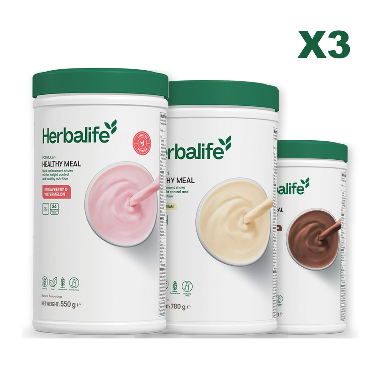 Formula 1 Strawberry Watermelon meal shake tub shown with two further Formula 1 tubs, Vanilla (Large 780g) / Chocolate