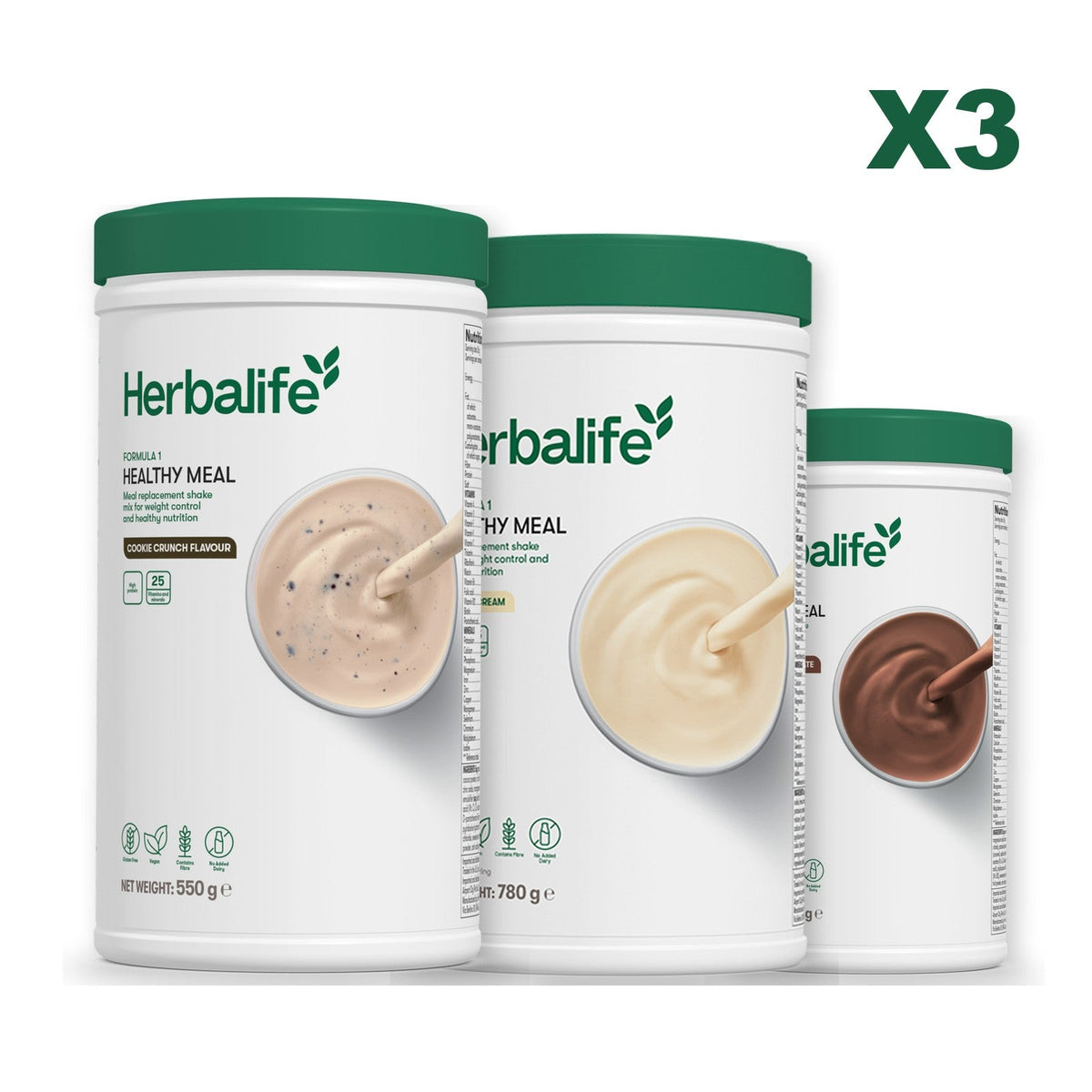 Three Formula 1 shake tubs led by Cookie Crunch, plus two flavours you choose, Vanilla (Large 780g) / Chocolate