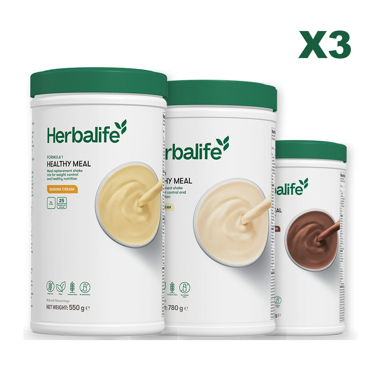 Three Formula 1 shake tubs led by Banana Cream, plus two flavours you choose, Vanilla (Large 780g) / Chocolate