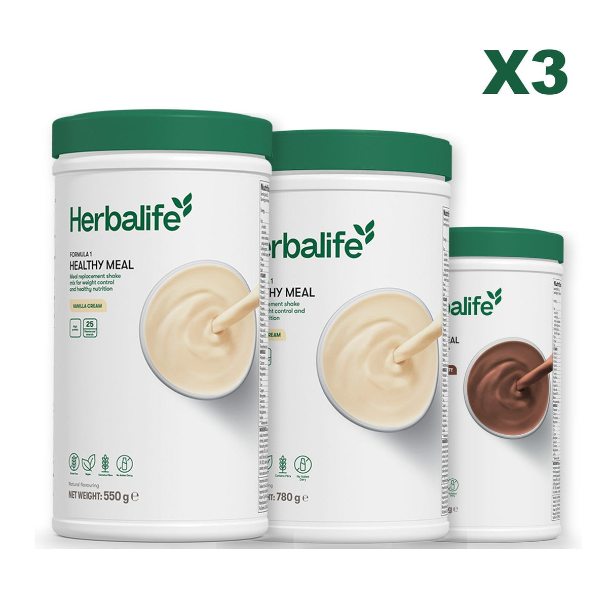 Three Formula 1 shake tubs led by Vanilla Cream, plus two flavours you choose, Vanilla (Large 780g) / Chocolate