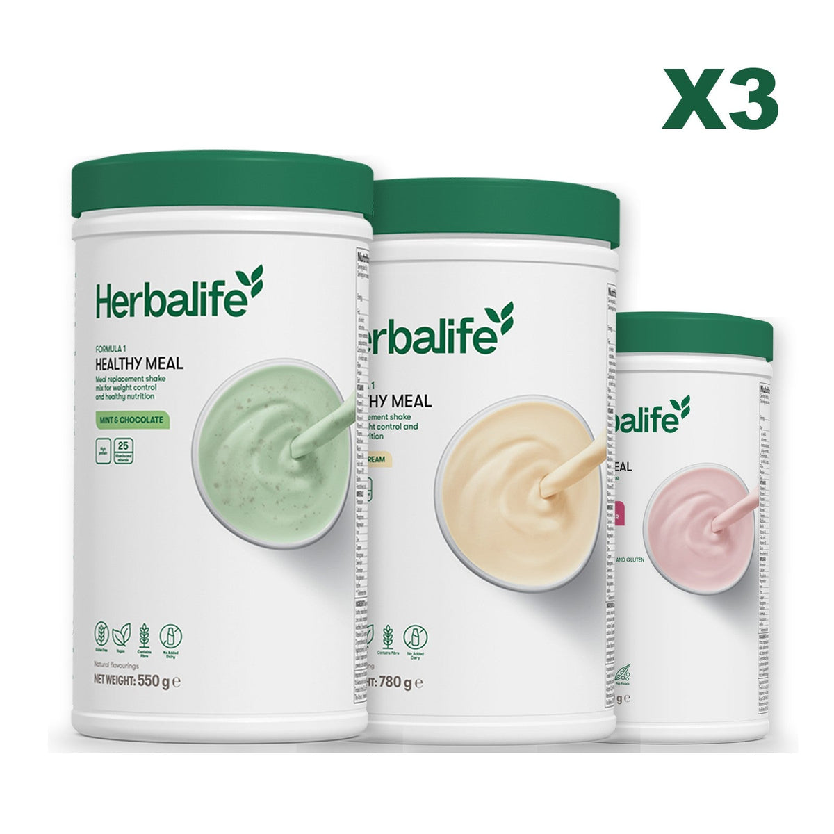 Three Formula 1 shake tubs led by Mint Chocolate, plus two flavours you choose, Vanilla (Large 780g) / Free From Raspberry & White Chocolate