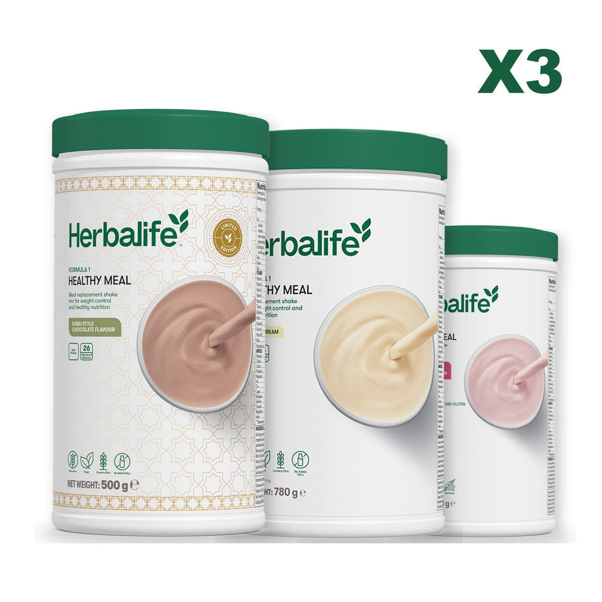 Formula 1 Dubai Style Chocolate meal shake tub shown with two further Formula 1 tubs, Vanilla (Large 780g) / Free From Raspberry & White Chocolate