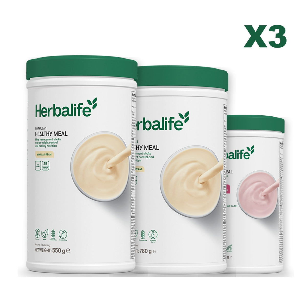 Three Formula 1 shake tubs led by Vanilla Cream, plus two flavours you choose, Vanilla (Large 780g) / Free From Raspberry & White Chocolate