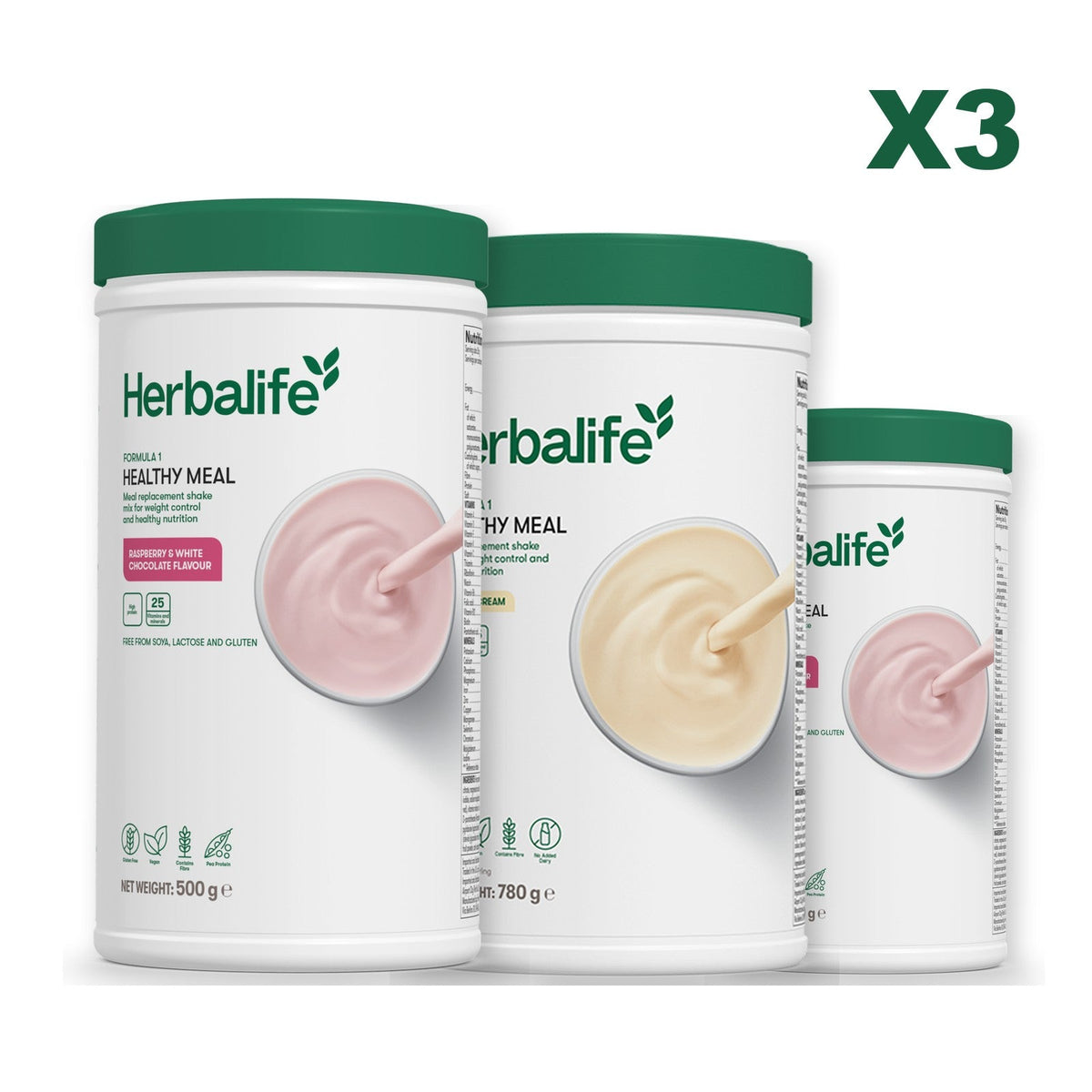 Three Formula 1 shake tubs led by Free From Raspberry and White Chocolate, plus two flavours you choose, Vanilla (Large 780g) / Free From Raspberry & White Chocolate