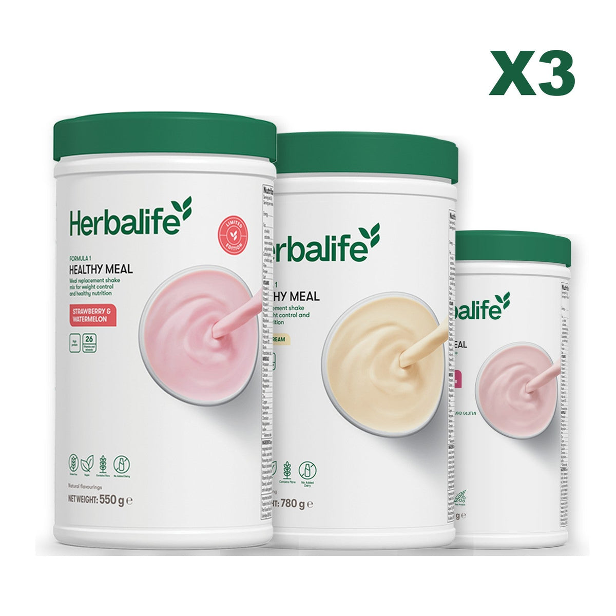 Formula 1 Strawberry Watermelon meal shake tub shown with two further Formula 1 tubs, Vanilla (Large 780g) / Free From Raspberry & White Chocolate