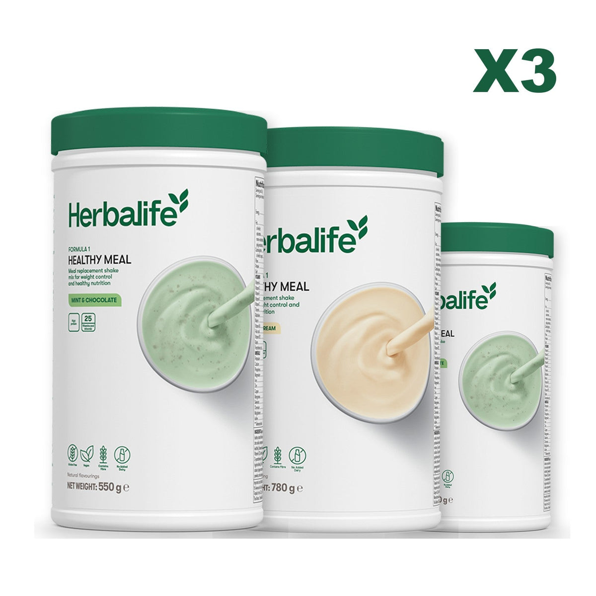 Three Formula 1 shake tubs led by Mint Chocolate, plus two flavours you choose, Vanilla (Large 780g) / Mint Chocolate