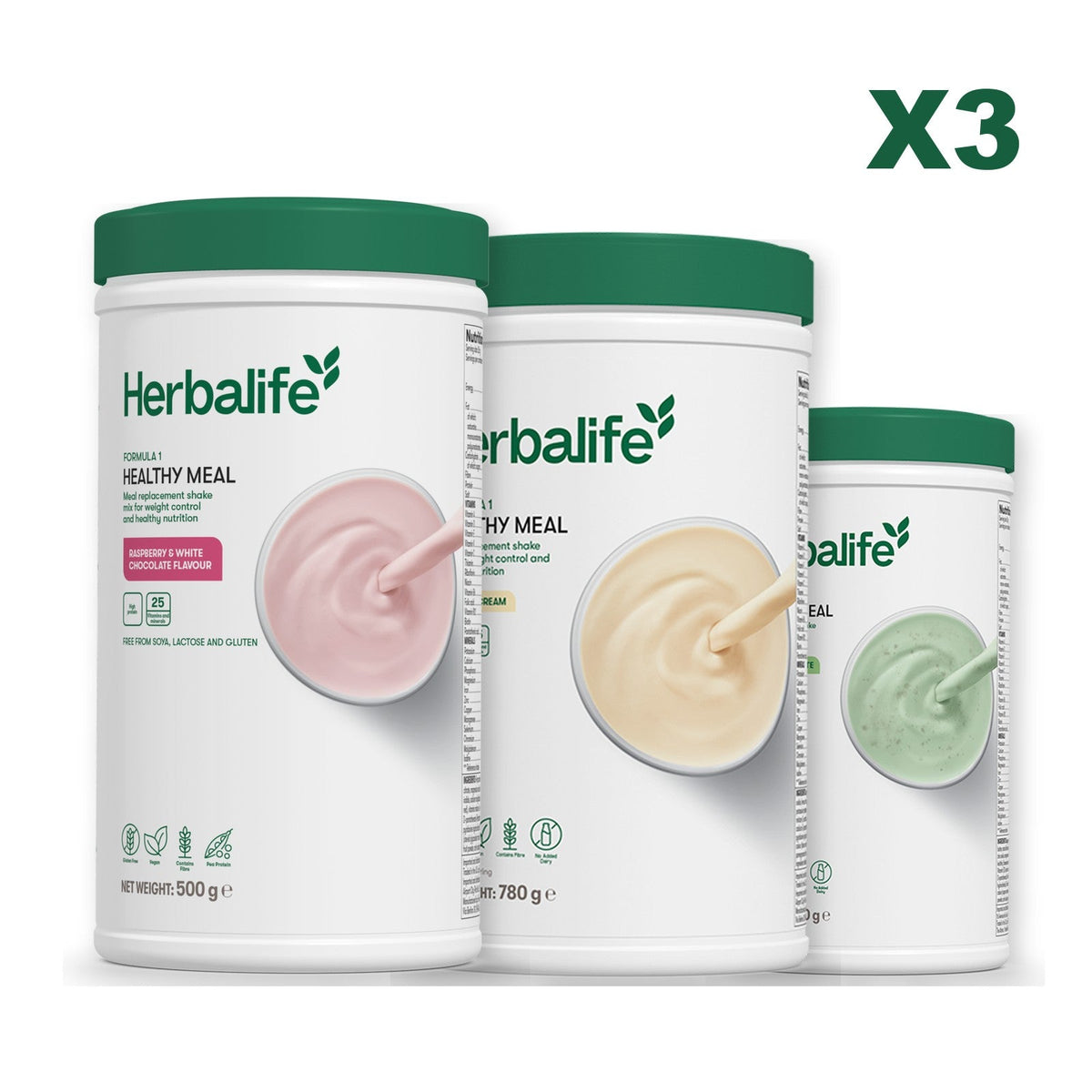 Three Formula 1 shake tubs led by Free From Raspberry and White Chocolate, plus two flavours you choose, Vanilla (Large 780g) / Mint Chocolate