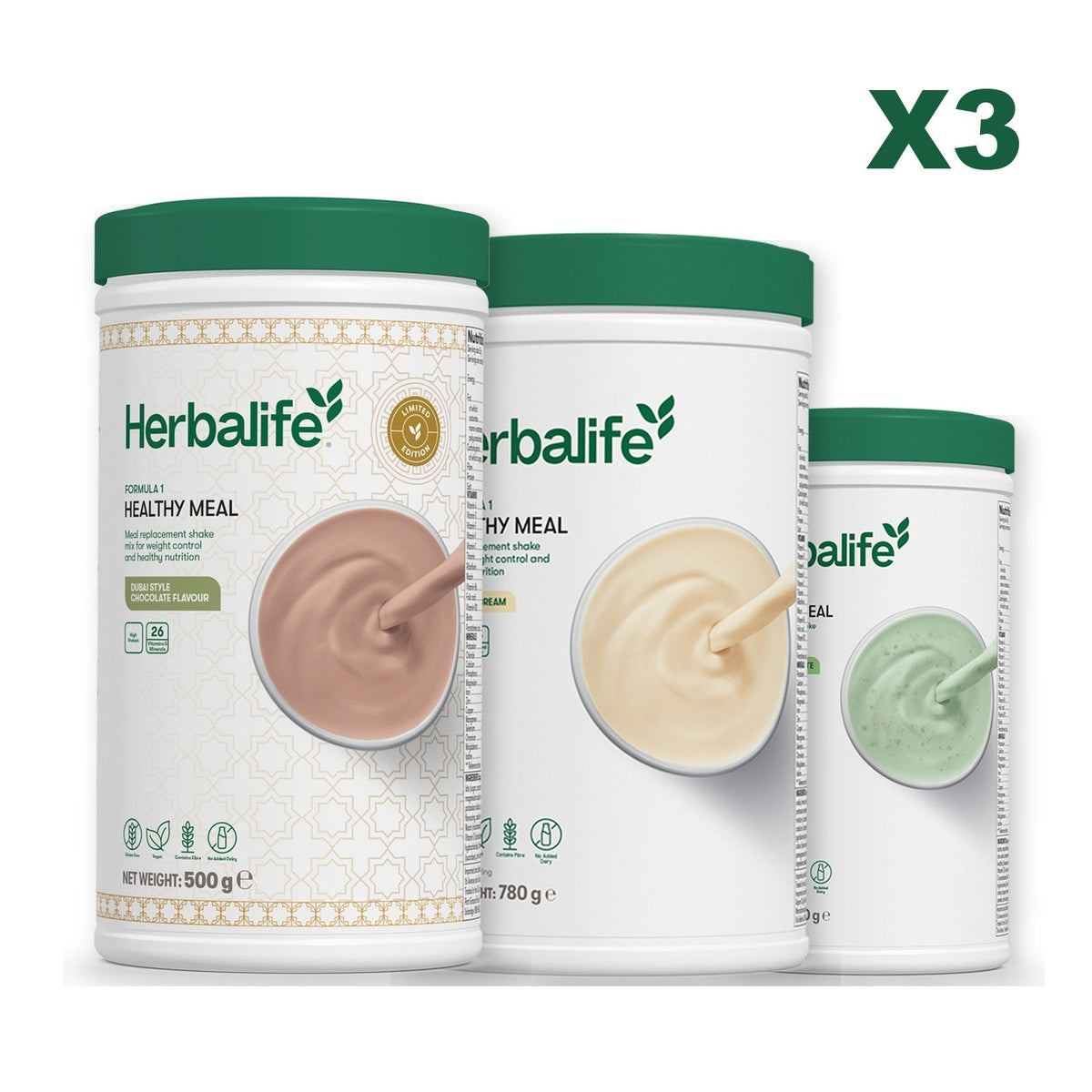 Formula 1 Dubai Style Chocolate meal shake tub shown with two further Formula 1 tubs, Vanilla (Large 780g) / Mint Chocolate