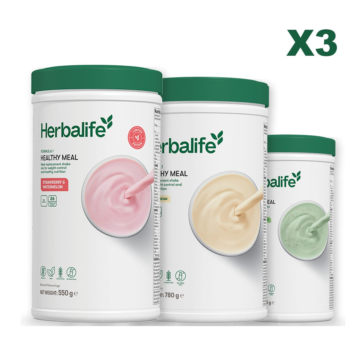 Formula 1 Strawberry Watermelon meal shake tub shown with two further Formula 1 tubs, Vanilla (Large 780g) / Mint Chocolate