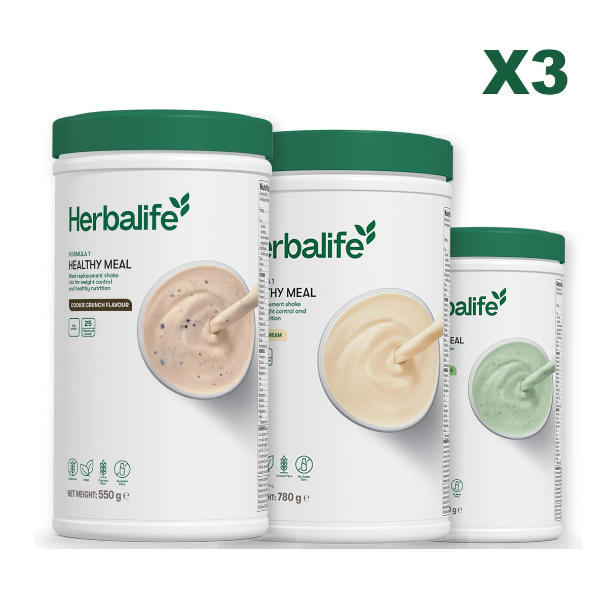 Three Formula 1 shake tubs led by Cookie Crunch, plus two flavours you choose, Vanilla (Large 780g) / Mint Chocolate