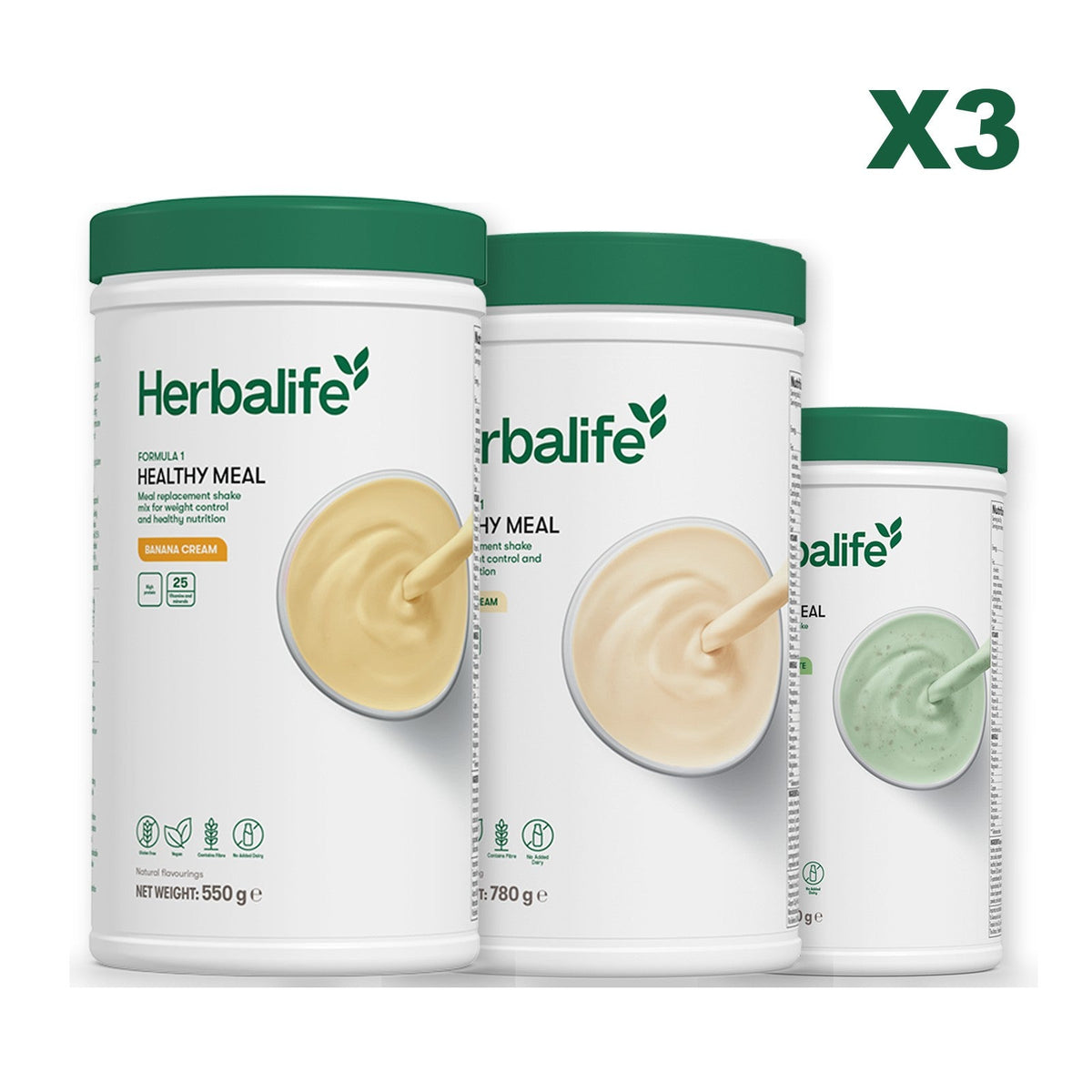 Three Formula 1 shake tubs led by Banana Cream, plus two flavours you choose, Vanilla (Large 780g) / Mint Chocolate