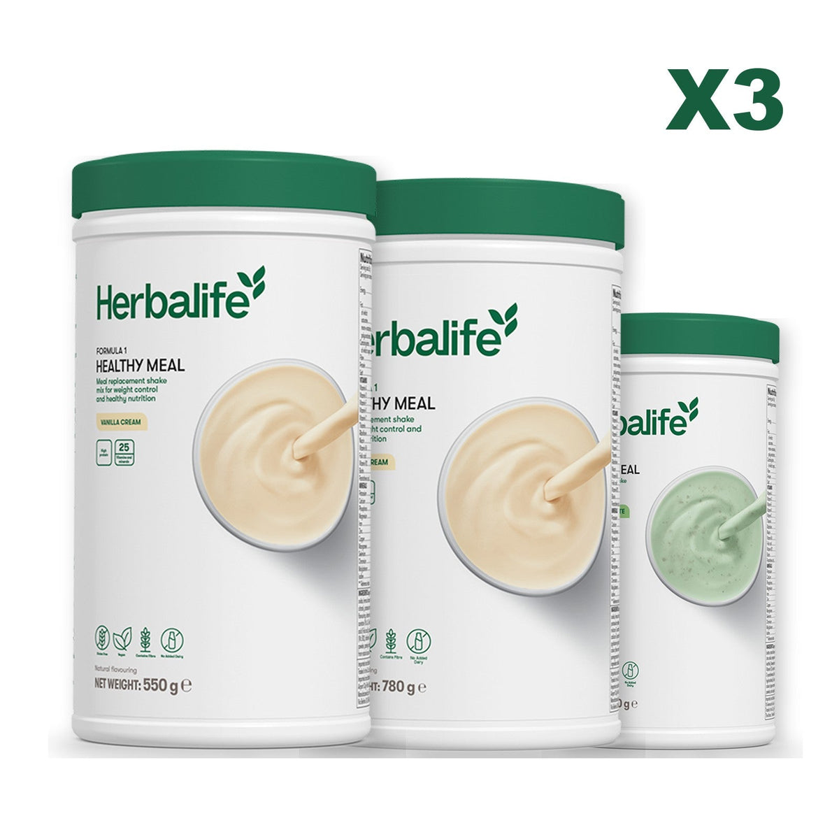 Three Formula 1 shake tubs led by Vanilla Cream, plus two flavours you choose, Vanilla (Large 780g) / Mint Chocolate