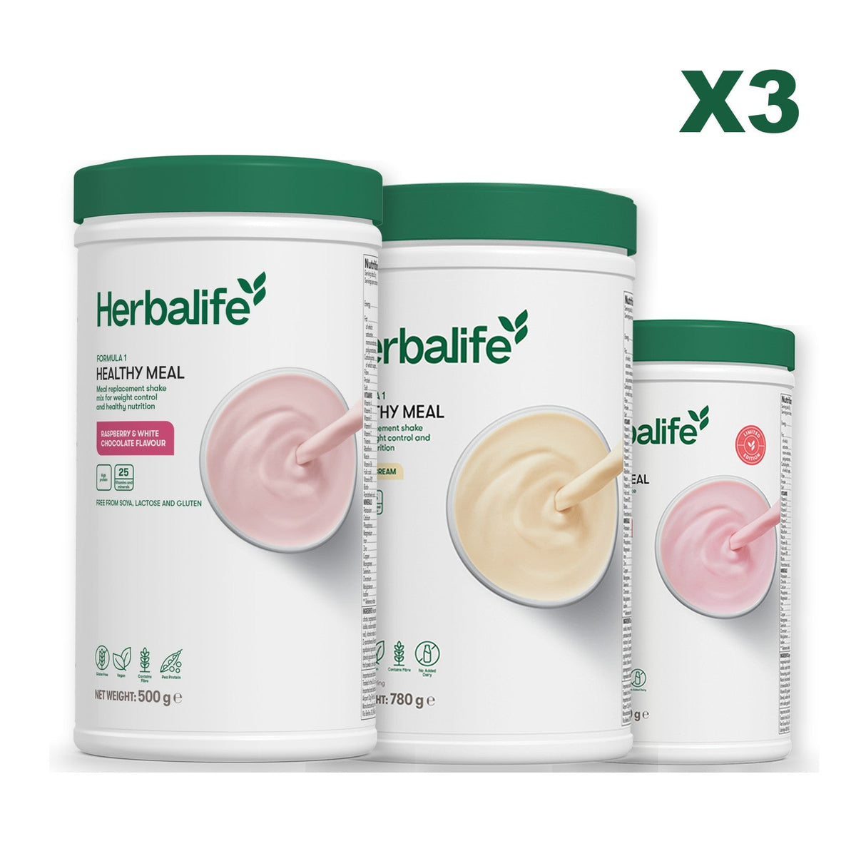 Three Formula 1 shake tubs led by Free From Raspberry and White Chocolate, plus two flavours you choose, Vanilla (Large 780g) / Strawberry Watermelon