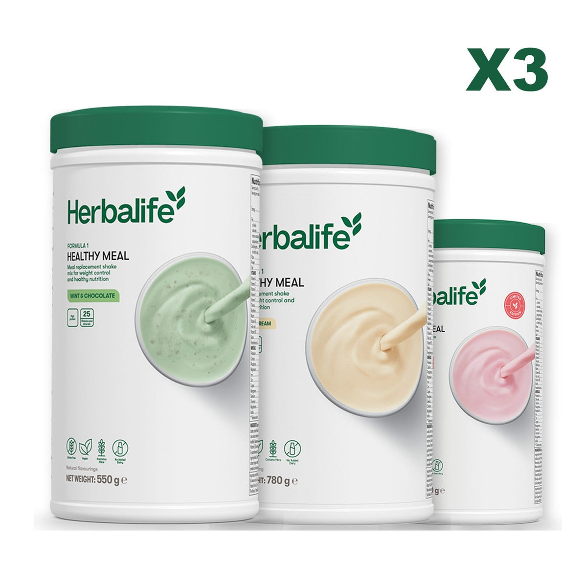 Three Formula 1 shake tubs led by Mint Chocolate, plus two flavours you choose, Vanilla (Large 780g) / Strawberry Watermelon