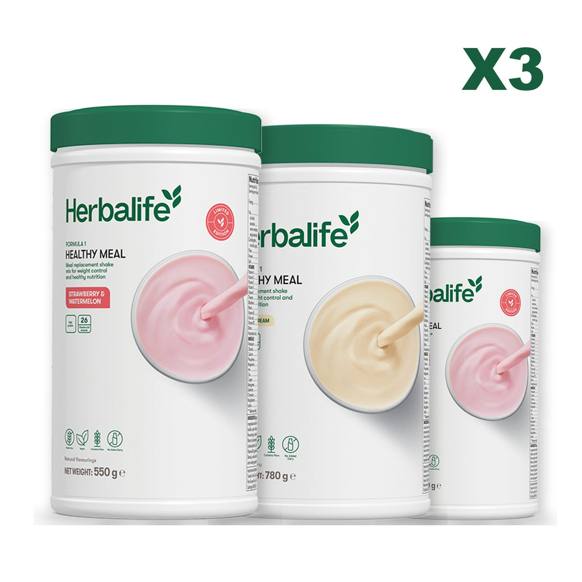 Formula 1 Strawberry Watermelon meal shake tub shown with two further Formula 1 tubs, Vanilla (Large 780g) / Strawberry Watermelon
