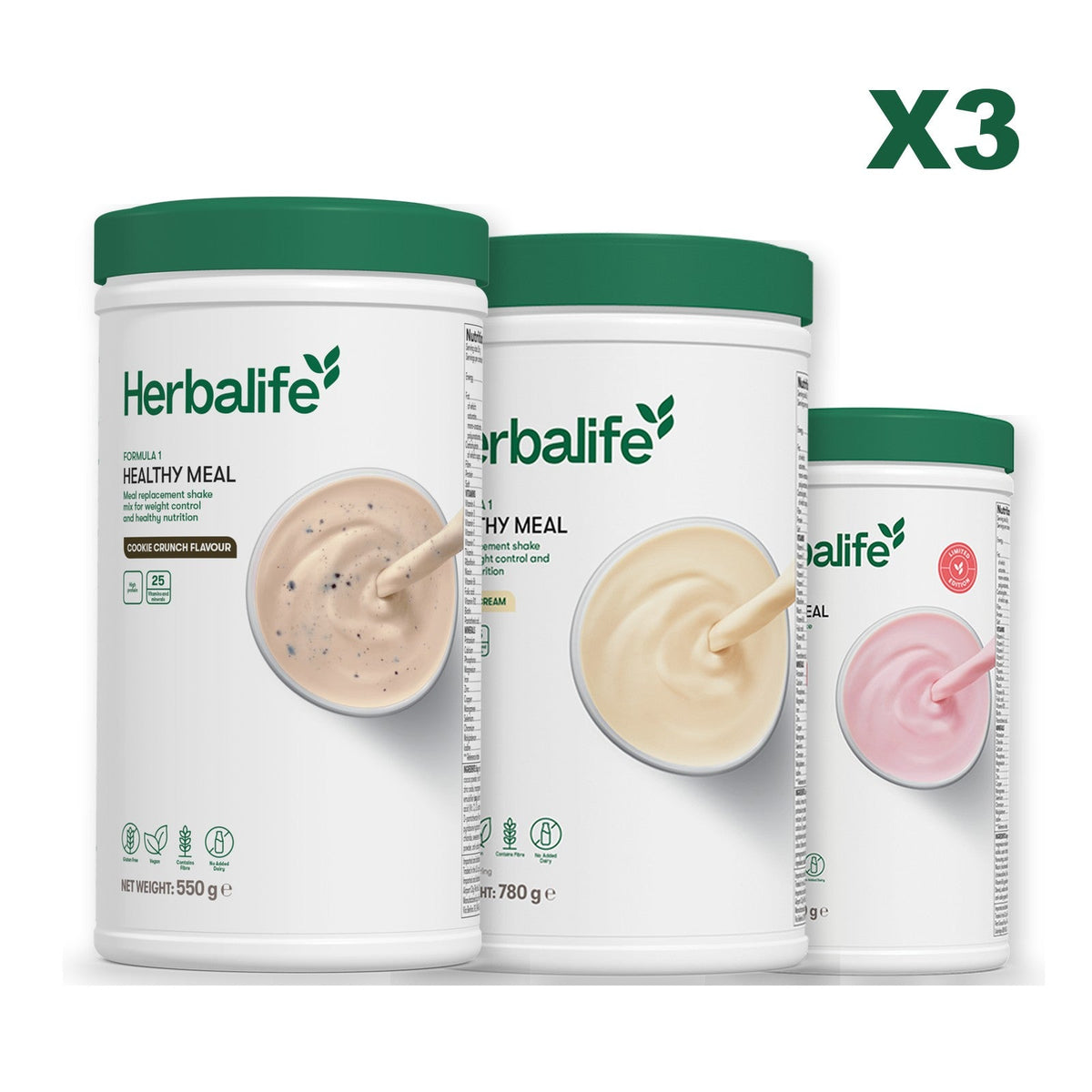 Three Formula 1 shake tubs led by Cookie Crunch, plus two flavours you choose, Vanilla (Large 780g) / Strawberry Watermelon